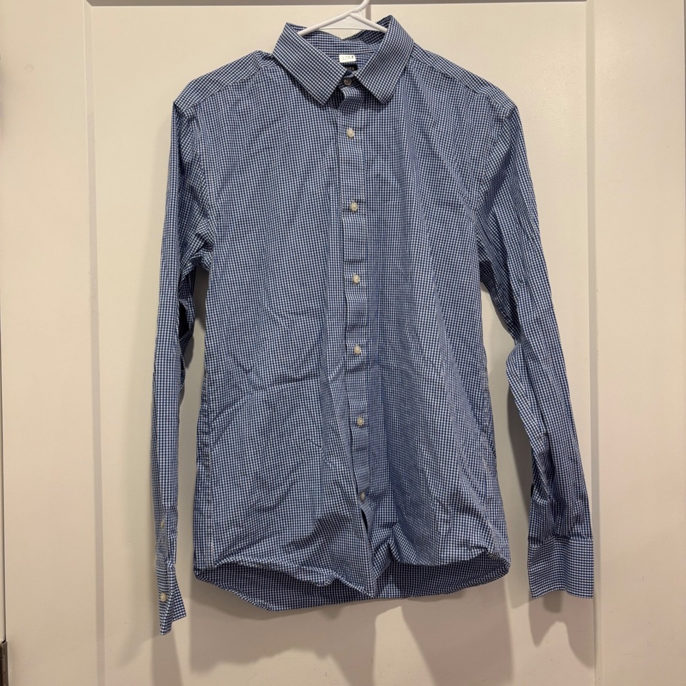 Crewcuts Thompson Boys Blue White Gingham Button Down Shirt Size 16 Long Sleeve
